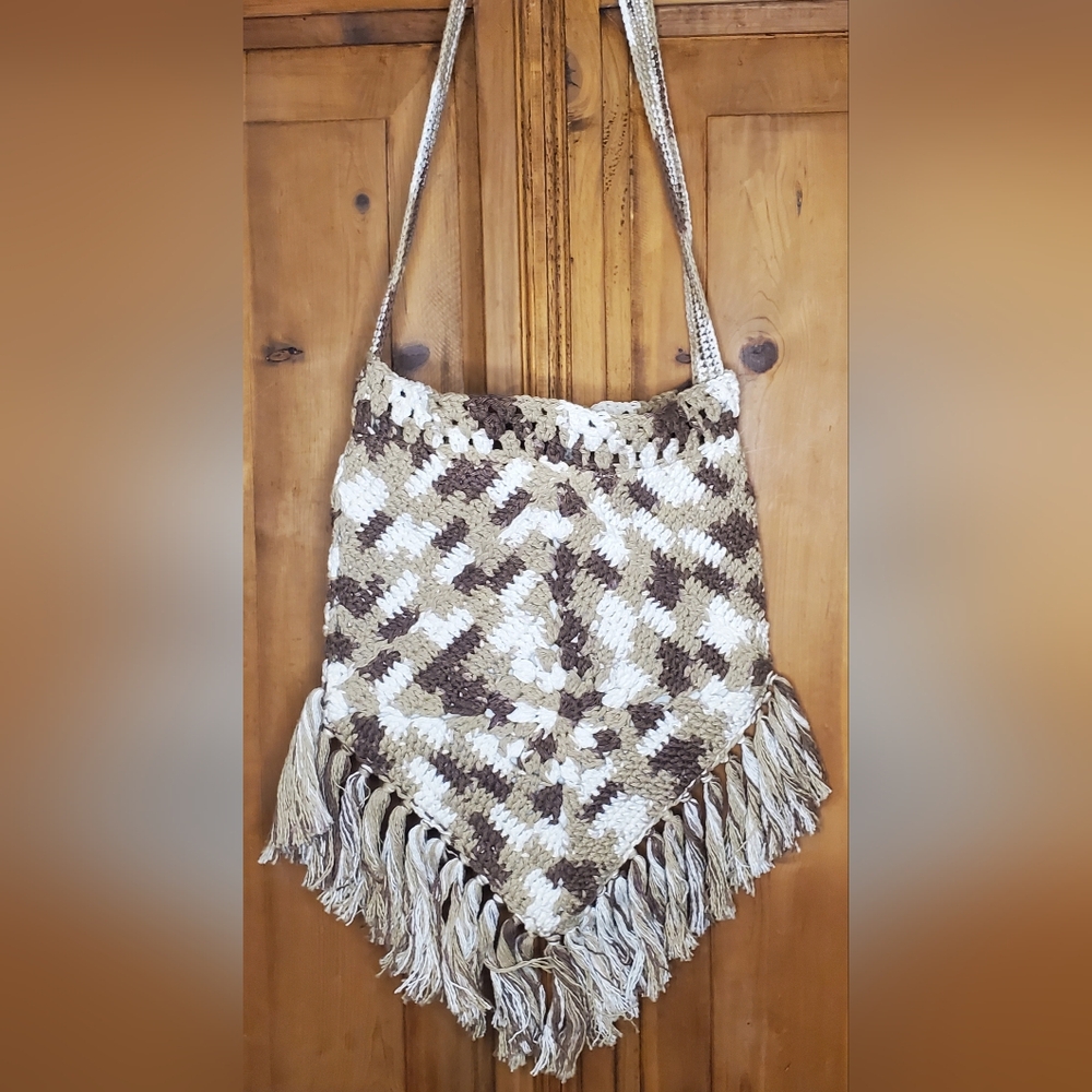 Bohemian Woven Shoulder Bag in Tan and Cream